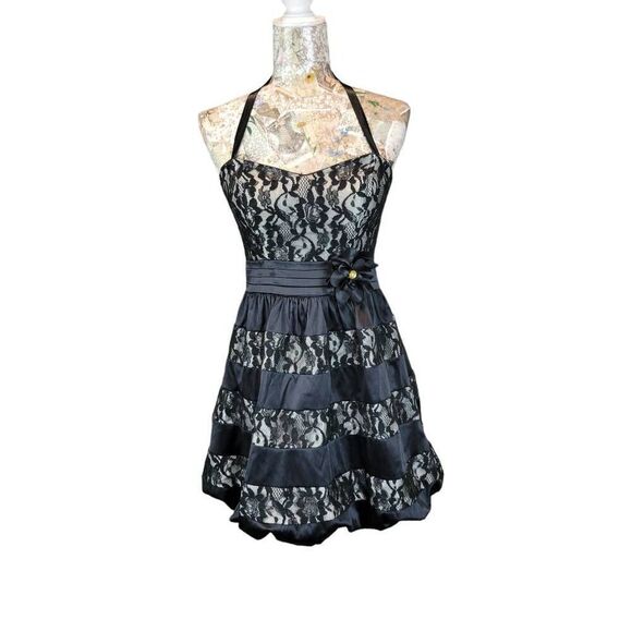 Cocktail Party Evening Black Lacey Layers Satin Strapless Sweetheart Mini Dress - Picture 11 of 11